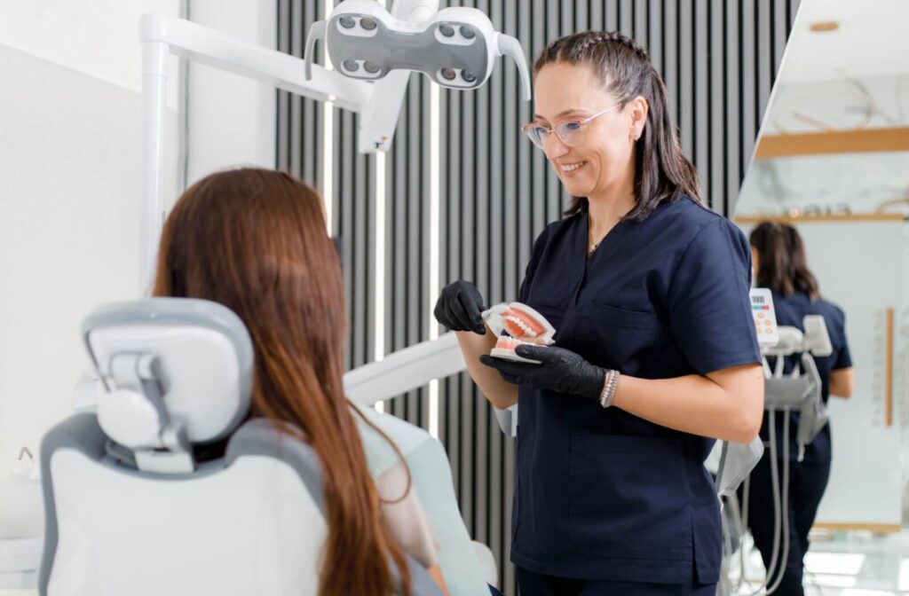 A dentist in a modern clinic showing a dental model to a patient demonstrating bridge placement and oral care education