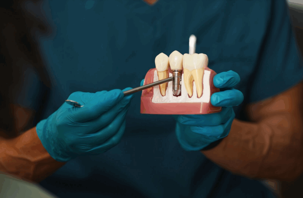 A dentist holds a model of teeth and points to a dental implant with a dental tool.