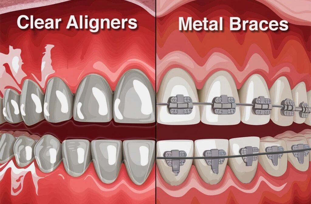 Split image showing the visual difference between clear aligners and metal braces