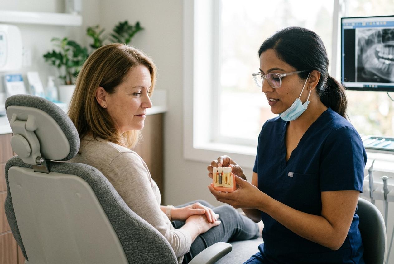 Dental professional explaining the dental implant healing process to a patient using a tooth model.