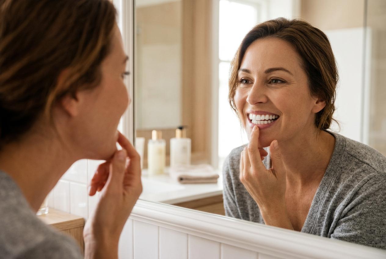 Woman checking her smile in the mirror while monitoring her mouth after a dental implant procedure.
