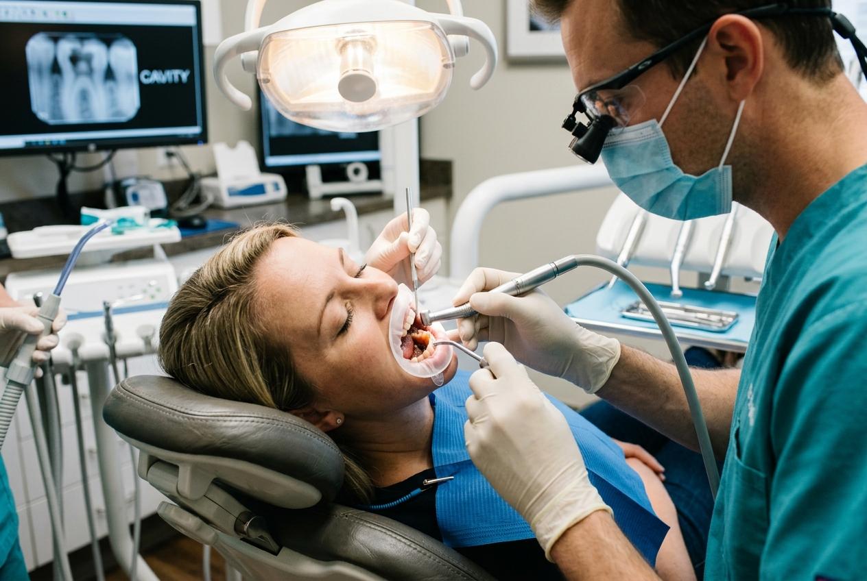 Adult patient getting their dental veneers applied by a dentist