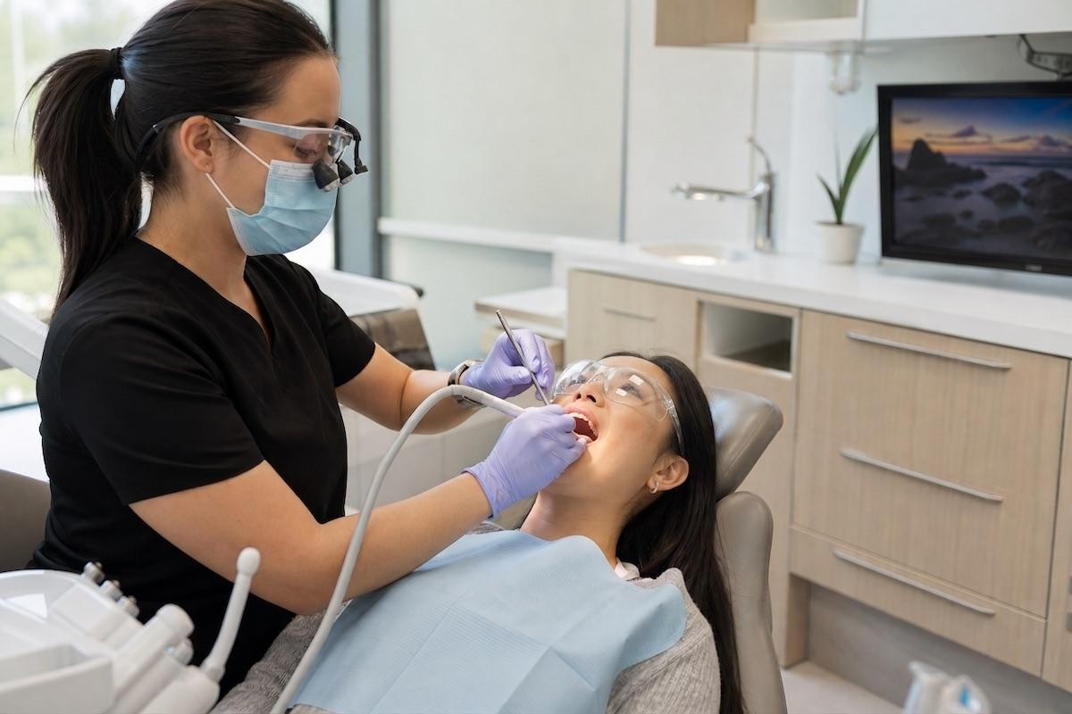 Dentist in mask and loupes examines the teeth of a patient reclined in a dental chair wearing safety glasses.