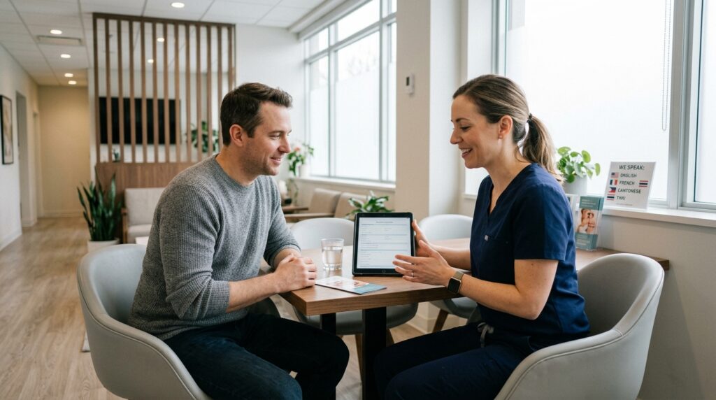 Nurse in scrubs shows a tablet form to a smiling patient at a small table in a bright clinic waiting area.