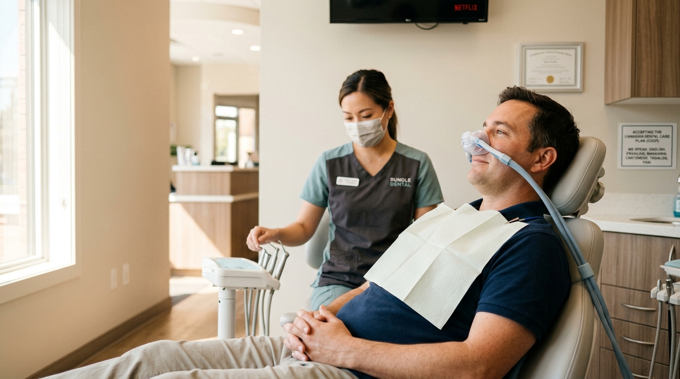 Patient reclined in a dental chair wearing a nasal sedation mask and bib, smiling, while a masked dental professional sits nearby.