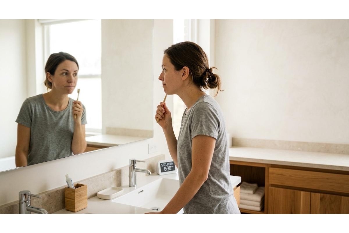 Adult in a grey T-shirt brushing their teeth at a bathroom sink, looking at their reflection in a large mirror.